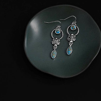 Buddha Essence 925 Sterling Silver Vintage Turquoise Waterdrop Pattern Balance Drop Dangle Earrings Earrings BS 3