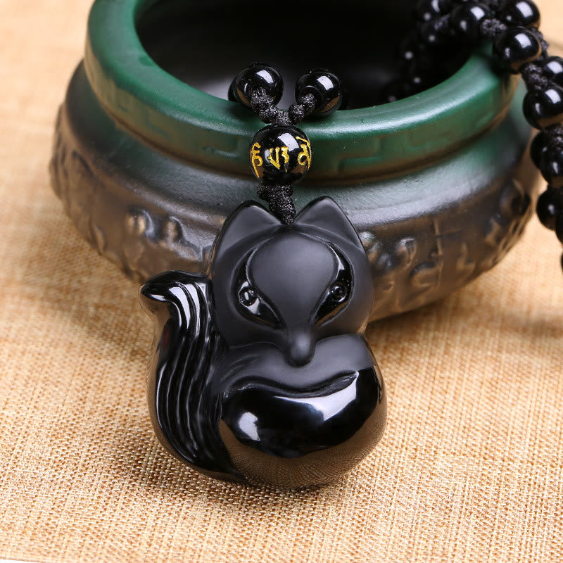 Buddha Essence Natural Black Obsidian Tiger Eye Ice Obsidian Fox Pendant Amulet Necklace