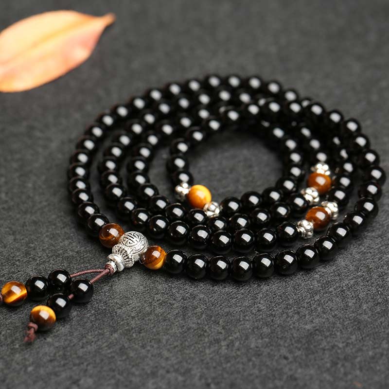 Buddha Essence Black Obsidian Tiger Eye Blessing Mala Bracelet Mala Bracelet BS 4