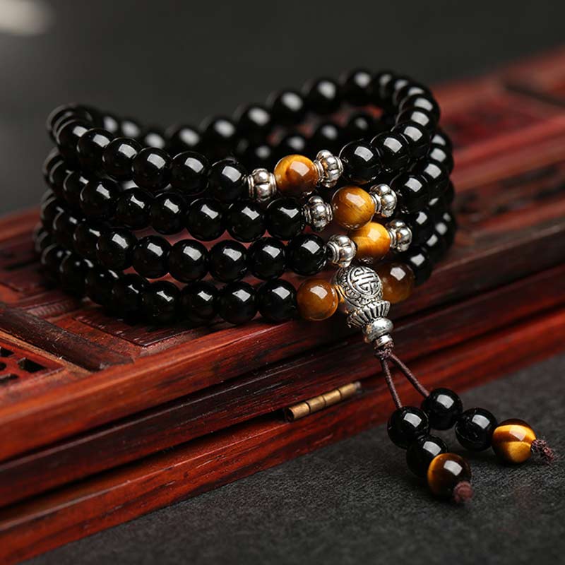 Buddha Essence Black Obsidian Tiger Eye Blessing Mala Bracelet Mala Bracelet BS Black Obsidian 6mm*120(Men)