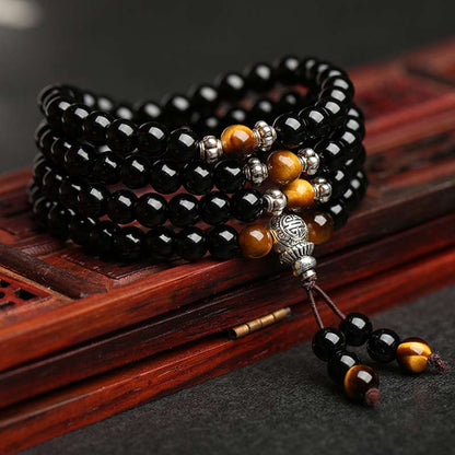 Buddha Essence Black Obsidian Tiger Eye Blessing Mala Bracelet Mala Bracelet BS Black Obsidian 6mm*120(Men)