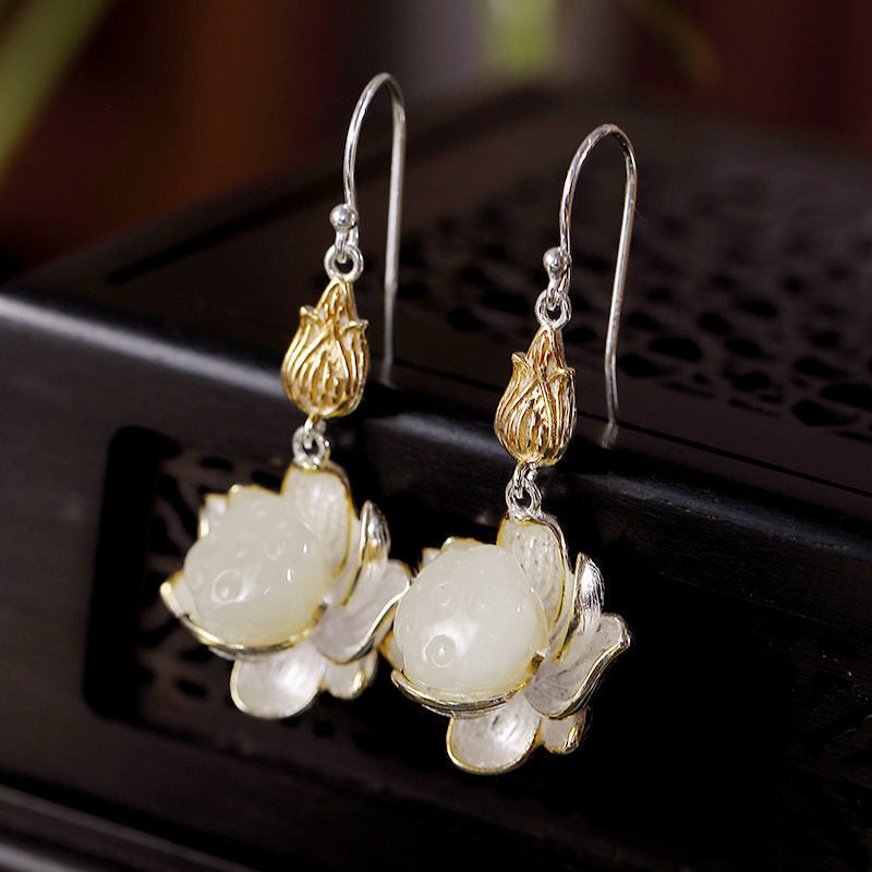 Buddha Essence White Jade Protection Harmony Drop Earrings Earrings BS 9