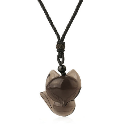 Buddha Essence Natural Black Obsidian Tiger Eye Ice Obsidian Fox Pendant Amulet Necklace