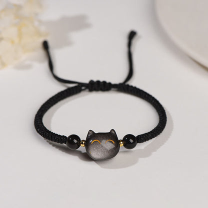 Buddha Essence Handmade Natural Silver Sheen Obsidian Strawberry Quartz Cute Cat Protection Braided Bracelet