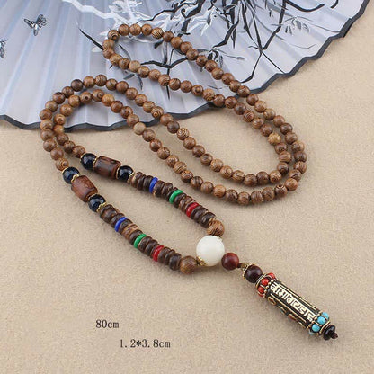 Buddha Essence Tibetan Om Mani Padme Hum Dzi Bead Wenge Wood Necklace Pendant