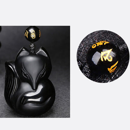 Buddha Essence Natural Black Obsidian Tiger Eye Ice Obsidian Fox Pendant Amulet Necklace