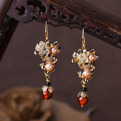 Buddha Essence 14K Gold Plated Tridacna Stone Flower Pearl Green Aventurine Bead Drop Earrings Earrings BS Black Tridacna Stone Flower Pearl Red Bead