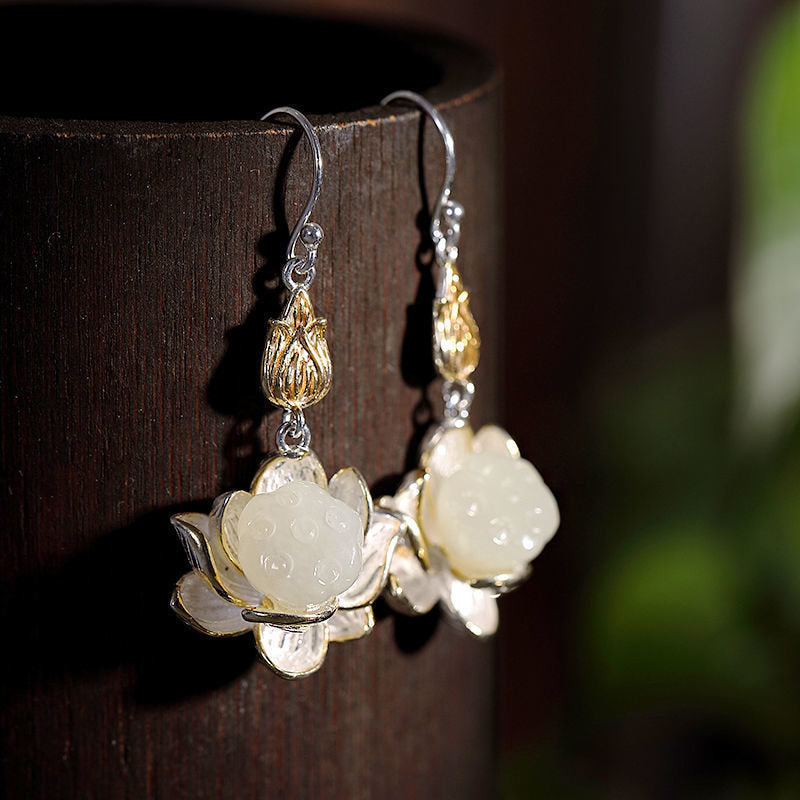 Buddha Essence White Jade Protection Harmony Drop Earrings Earrings BS 2