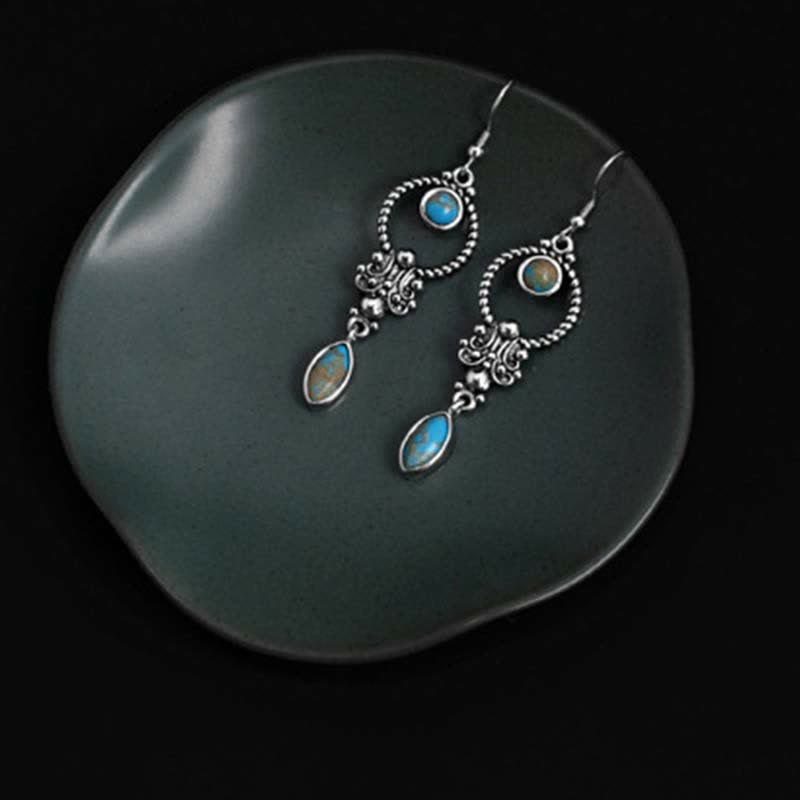 Buddha Essence 925 Sterling Silver Vintage Turquoise Waterdrop Pattern Balance Drop Dangle Earrings Earrings BS 6